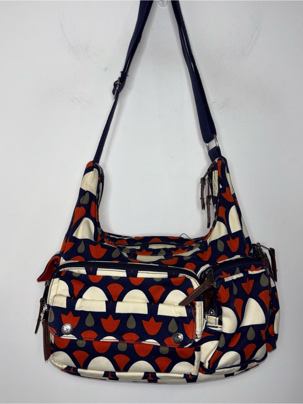 Brooklyn Industries Shoulder Bag Blue Cream Orange Tulip Graphic Print Canvas
